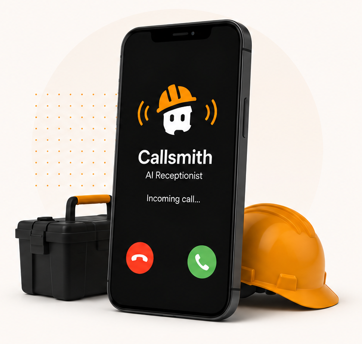 Phone showing an incoming call from Callsmith AI Receptionist, next to a toolbox and hard hat